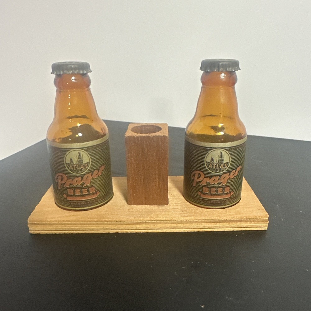 Atlas‎ Prager Beer Mini Stinies Bottle Shakers And Wooden Stand